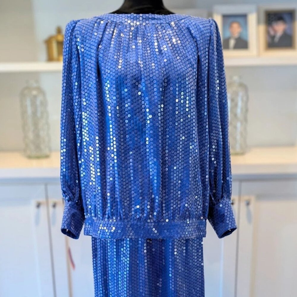 Vintage Anne Crimmins Umi Collections Skirt Top Blouse Suit 100% Silk 14 Sequin